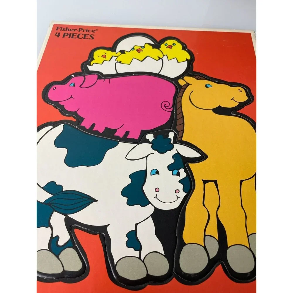 Vintage 1992 Fisher Price Farm Animals Bunny Cow Horse Beginner Puzzles, Toy